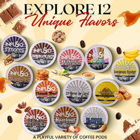 InfuSio 96-count flavored coffee variety box on kitchen shelf