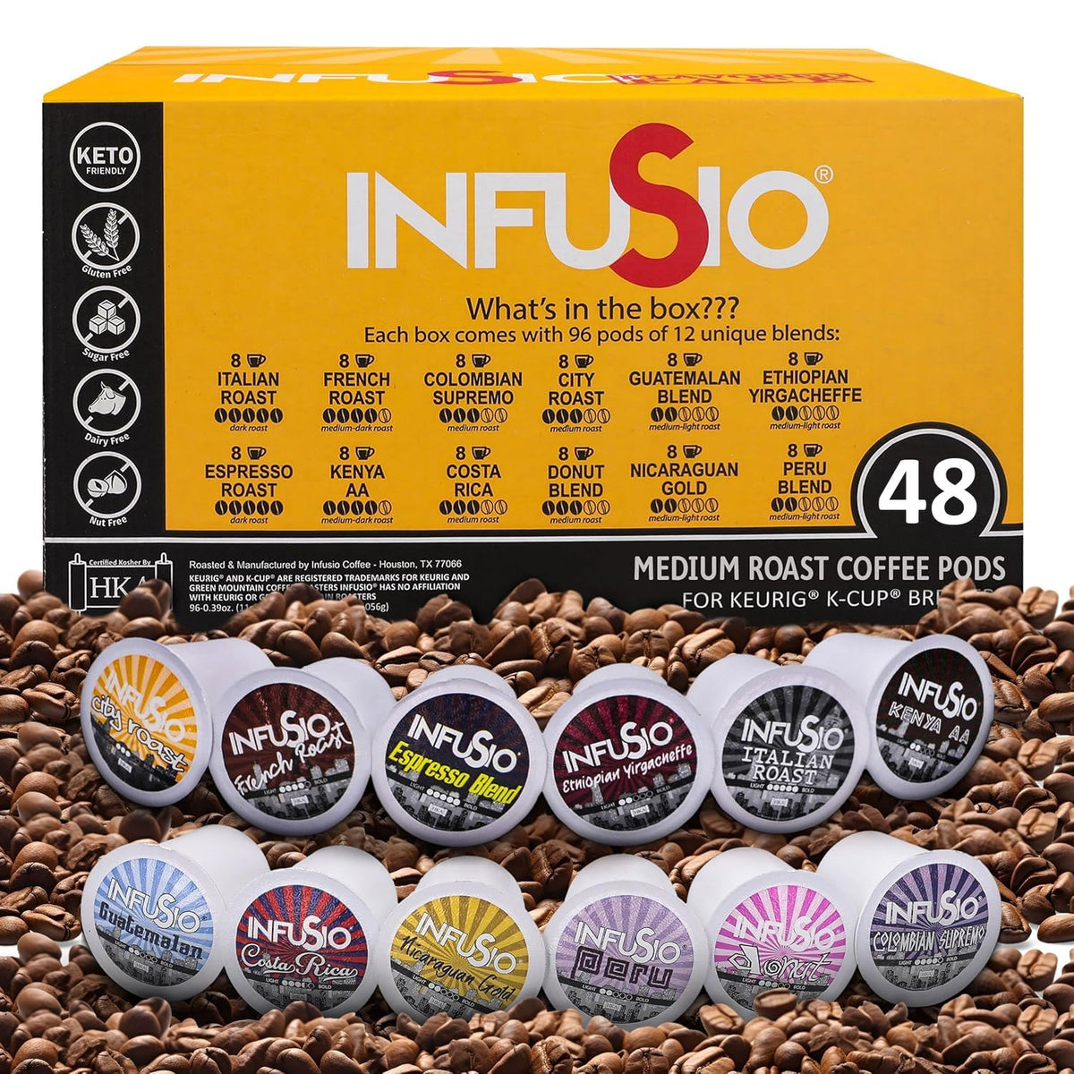 InfuSio coffee-pods 12-blend lineup ready for Keurig brewers.