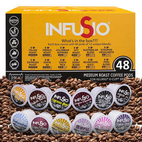 InfuSio coffee-pods 12-blend lineup ready for Keurig brewers.
