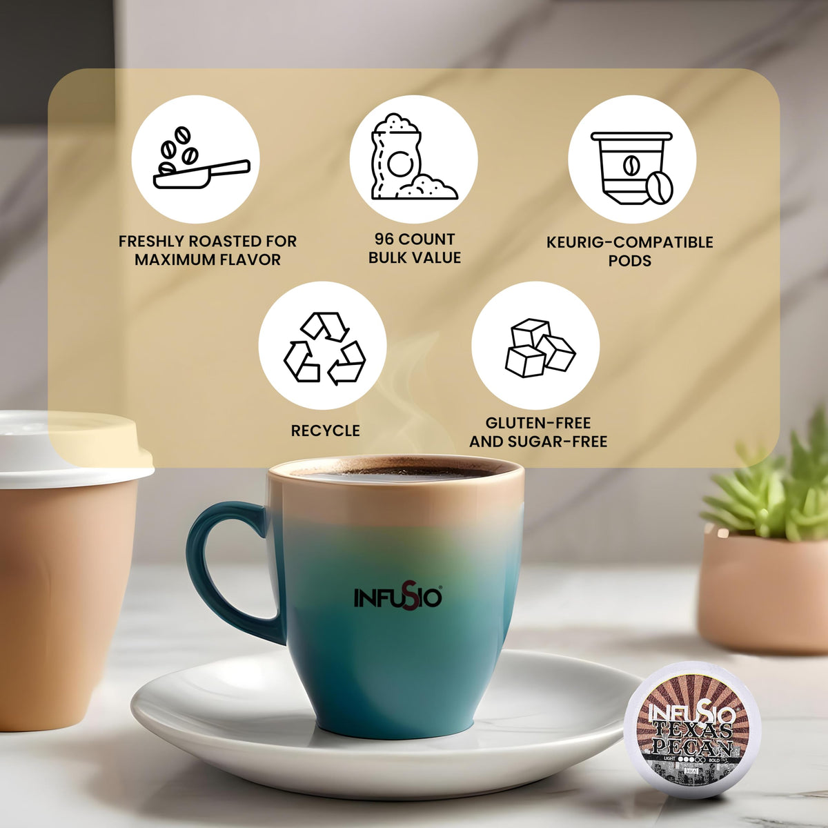 InfuSio Creme Brulee coffee pods offer dessert-inspired flavor in each cup.