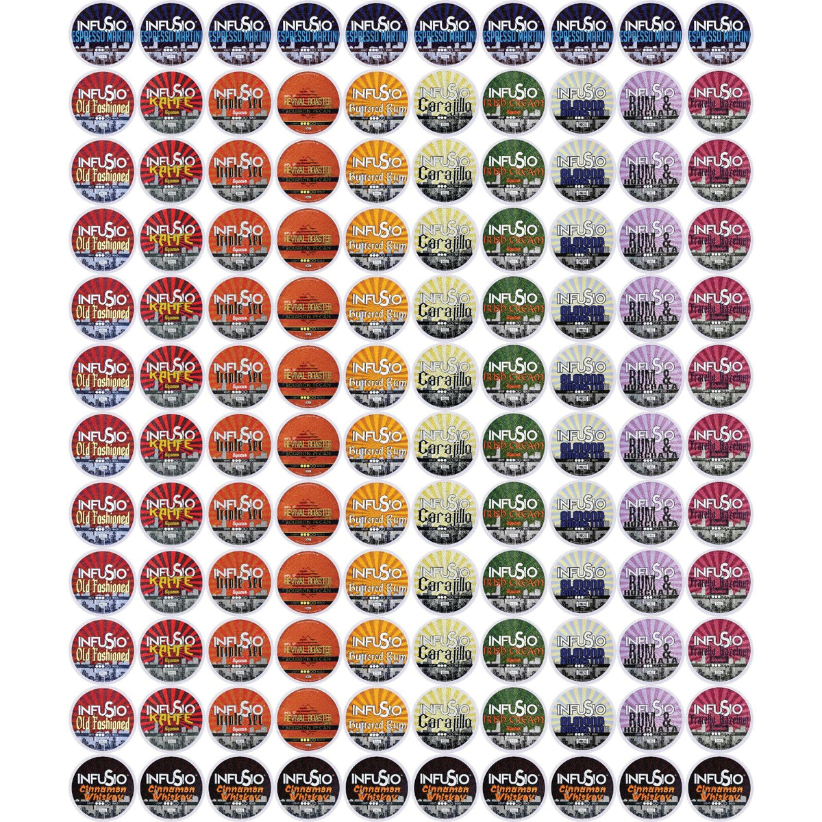 InfuSio flavored coffee pods variety pack displayed for 120 cups in a kitchen setting.