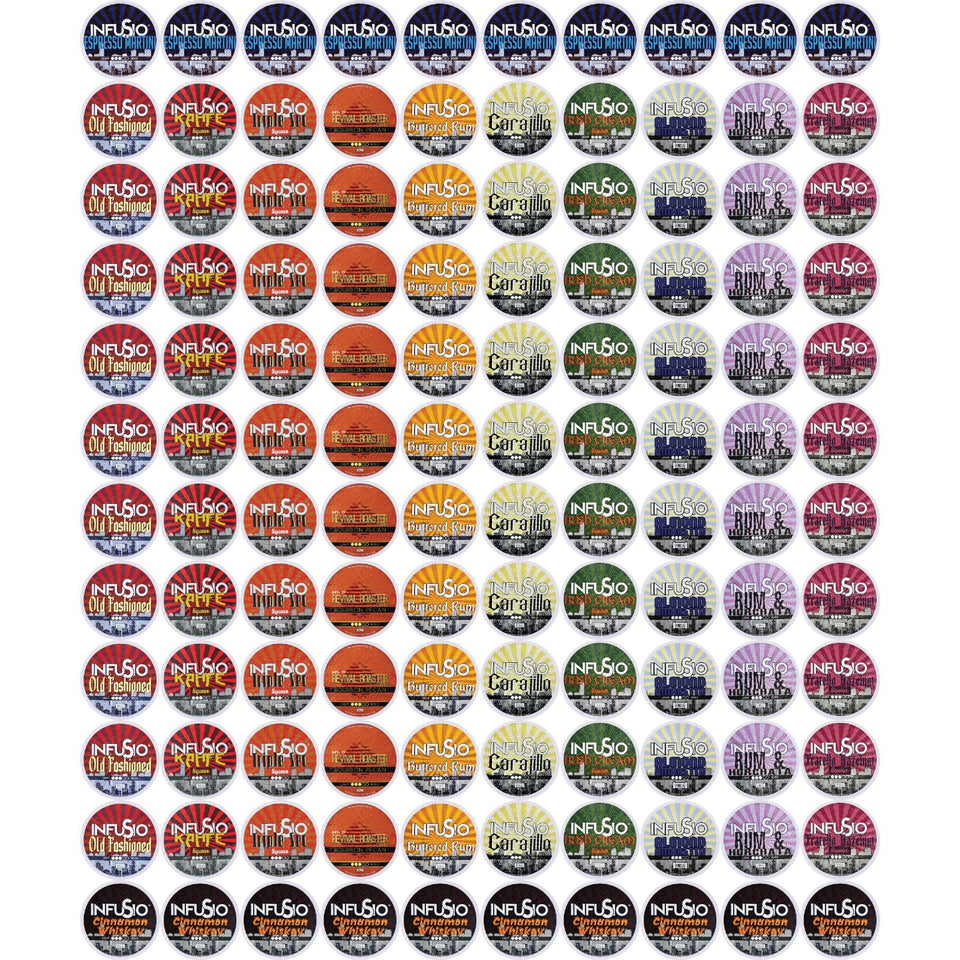 InfuSio flavored coffee pods variety pack displayed for 120 cups in a kitchen setting.