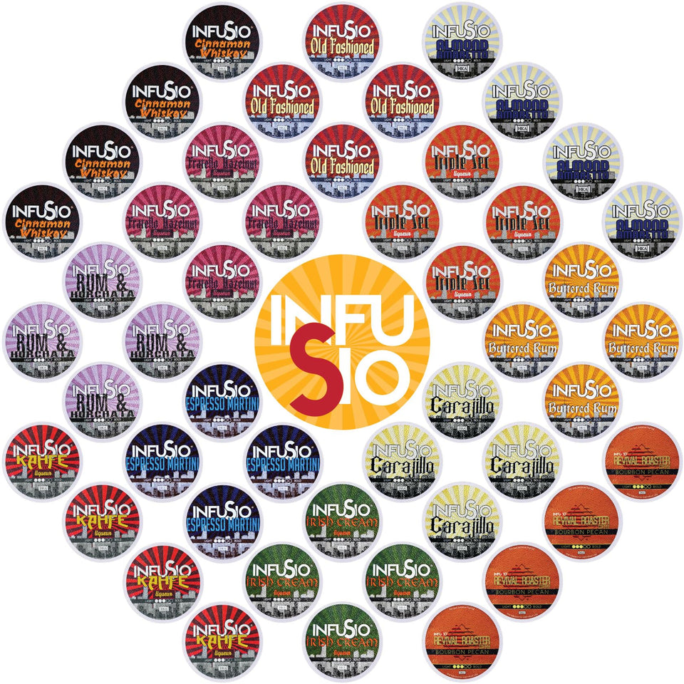 InfuSio flavored coffee pods variety pack for Keurig brewers.