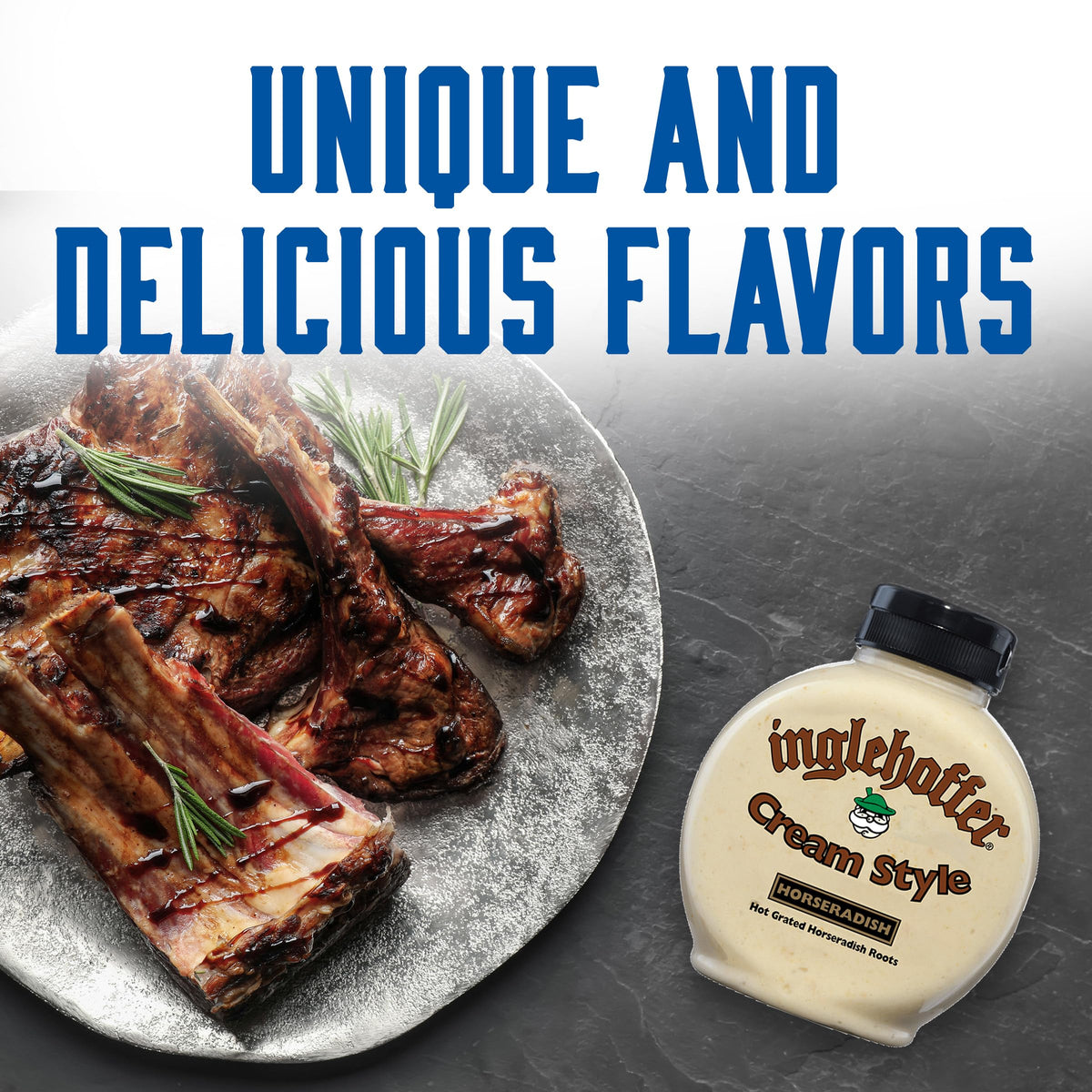 Inglehoffer Applewood Smoked Bacon Mustard bottle pairs with grilled meats and hotdogs.