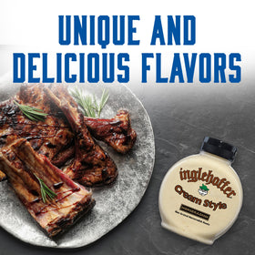 Inglehoffer Applewood Smoked Bacon Mustard bottle pairs with grilled meats and hotdogs.