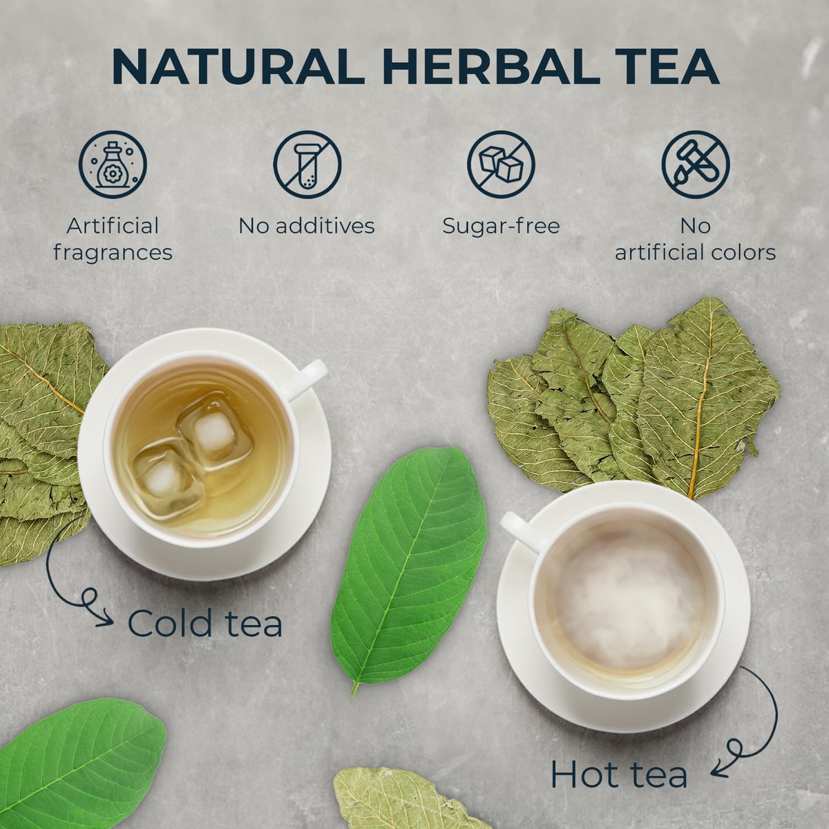 INJOY YOUR VITALGRI:N Tea leaves scattered on a table, offering a calm, relaxing ritual.