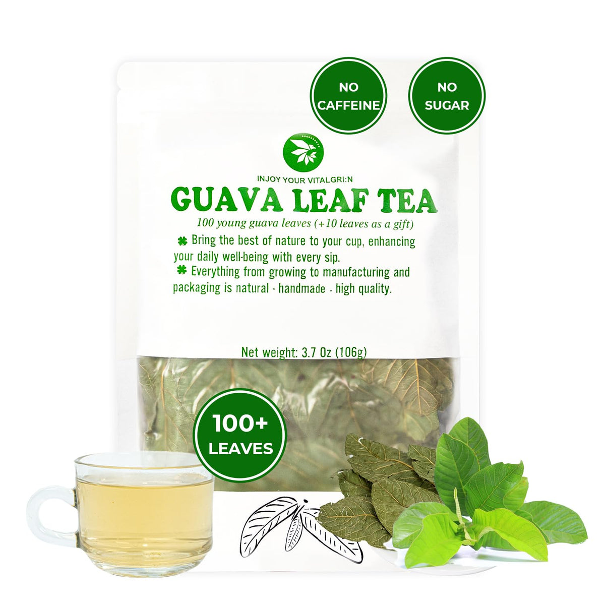 INJOY YOUR VITALGRI:N Young Guava Leaf Tea leaves close-up, natural quality for daily relaxing moments.
