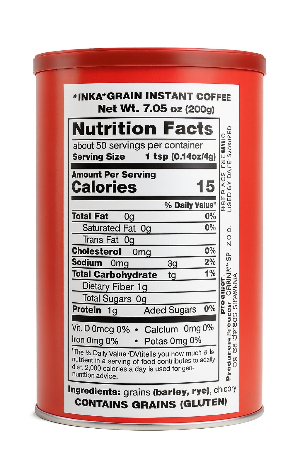 Inka Corp instant grain coffee can, label close-up, convenient ready-to-make beverage for travel