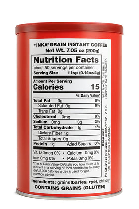 Inka Corp instant grain coffee can, label close-up, convenient ready-to-make beverage for travel