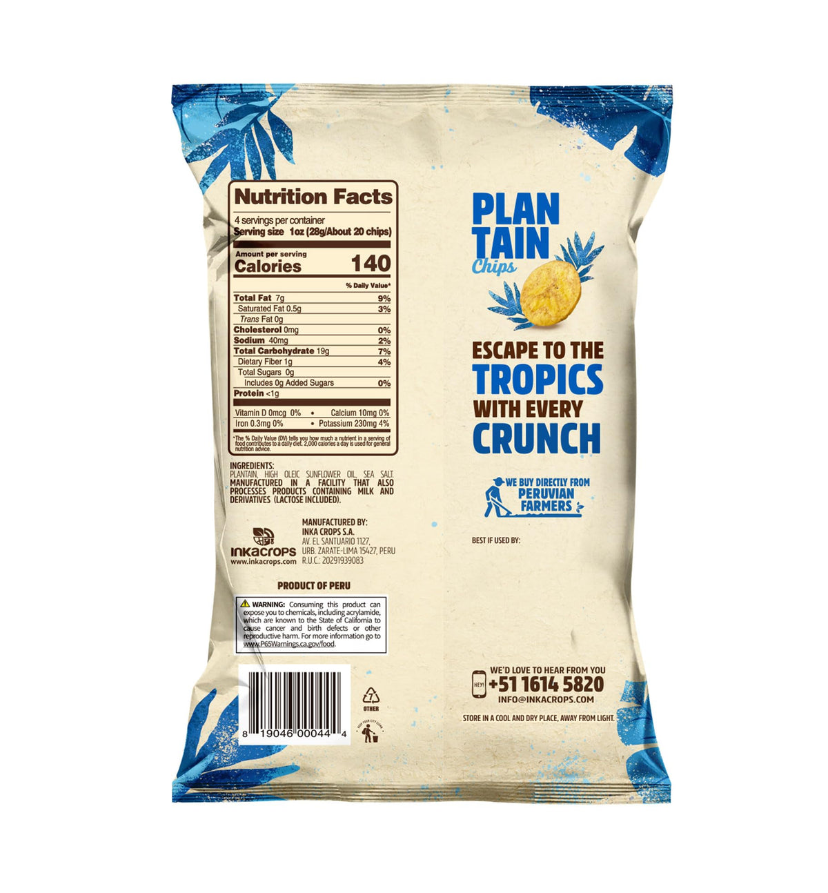Inka Crops Sea Salt Plantains chips pack view, convenient 12-pack snack