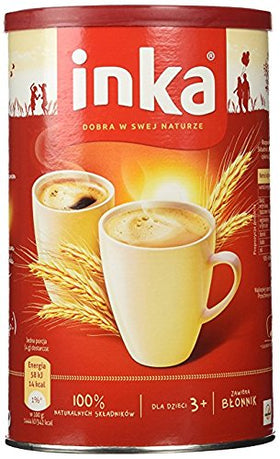 Inka Roasted Grain Coffee can being poured, versatile for hot or cold drinks.