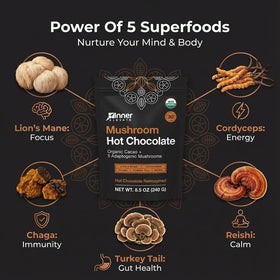 Inner Elevate ceremonial cacao powder in scoop demonstrates rich flavor with no artificial sweeteners