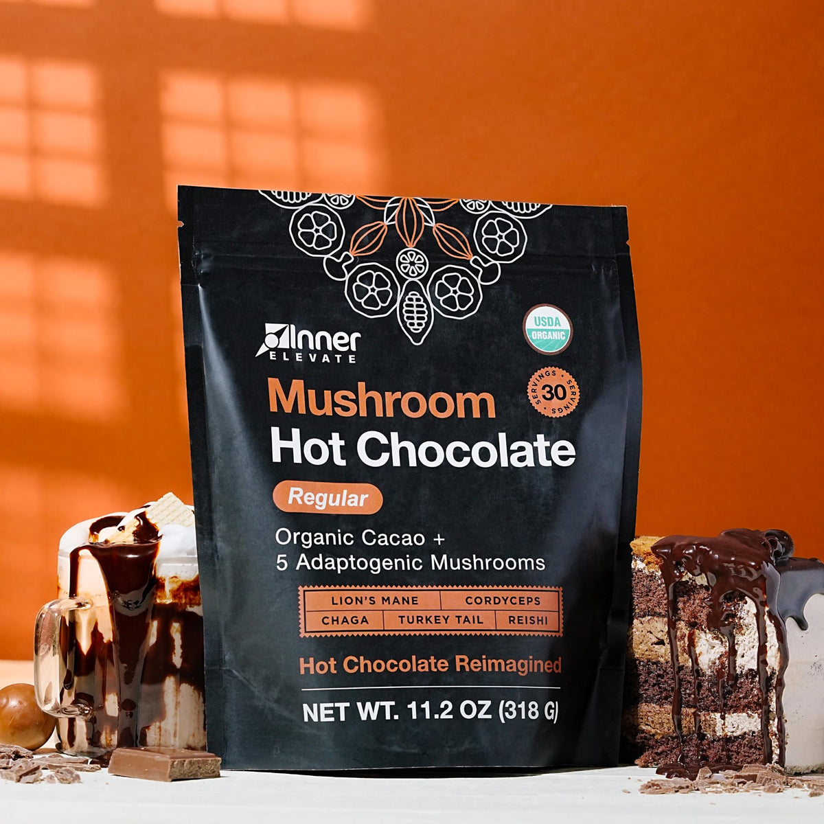 Inner Elevate hot chocolate in a mug, a comforting and energizing sip