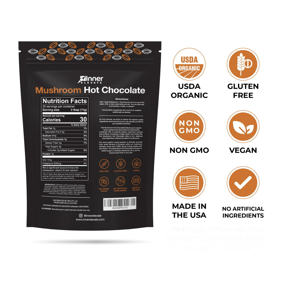 Inner Elevate mushroom blend label close up featuring the five adaptogenic mushrooms