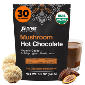 Inner Elevate packaging with ceremonial cacao and adaptogenic mushrooms for a cozy evening ritual