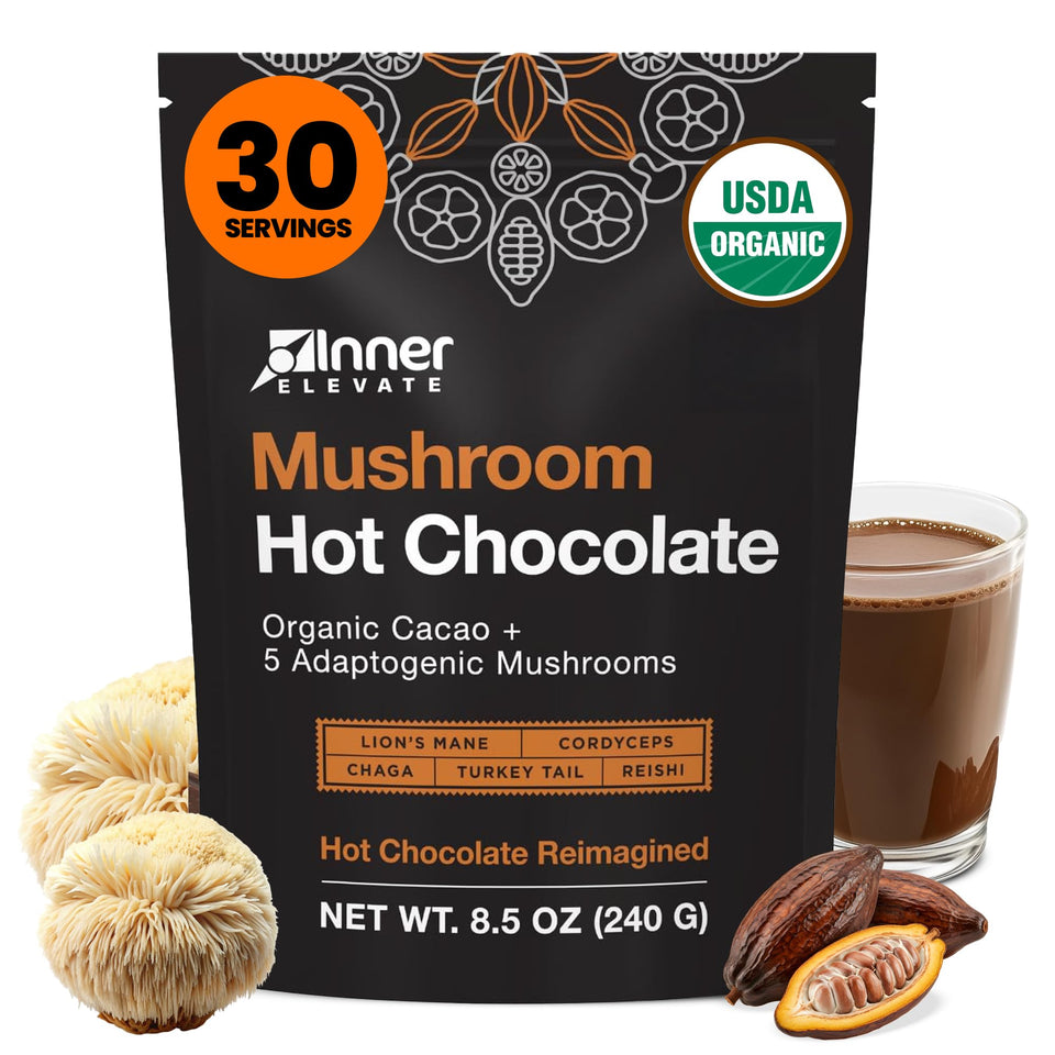 Inner Elevate packaging with ceremonial cacao and adaptogenic mushrooms for a cozy evening ritual