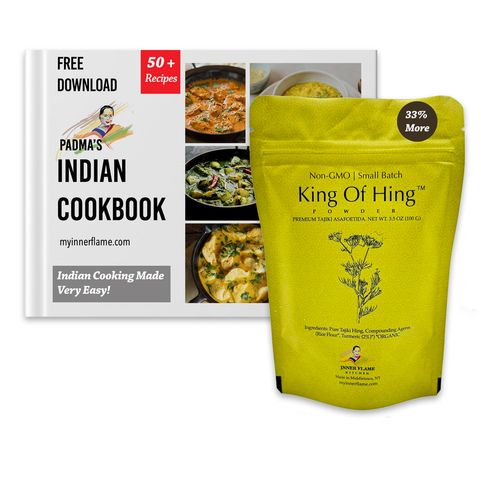 Inner Flame King of Hing asafoetida powder jar enhances savory dishes with bold aroma.