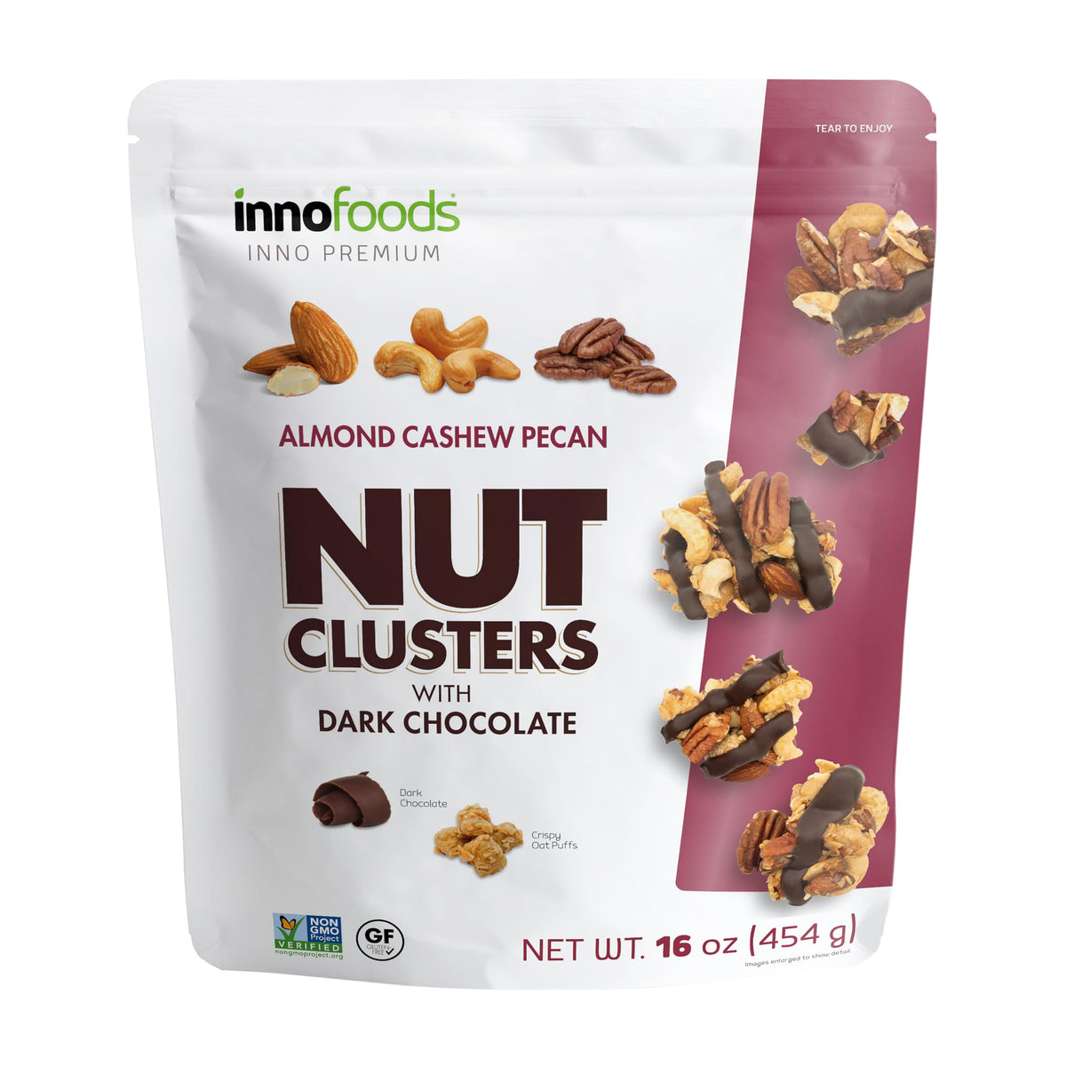 InnoFoods dark chocolate nut clusters in a bag, ready-to-enjoy snack.