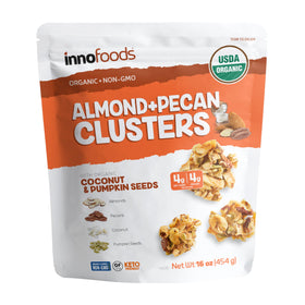 InnoFoods Organic Almond Pecan Clusters pack shot highlighting gluten-free, keto-friendly snack.