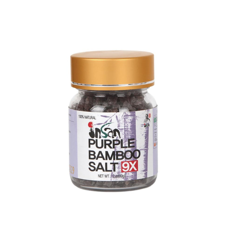 Insan 9X Roasted Bamboo Salt bottle shows mineral-rich seasoning for cooking.