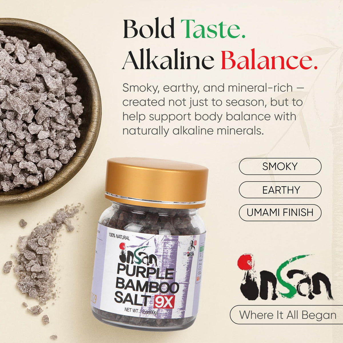 Insan Bamboo Salt mineral display tray reveals rich trace minerals for cooking.