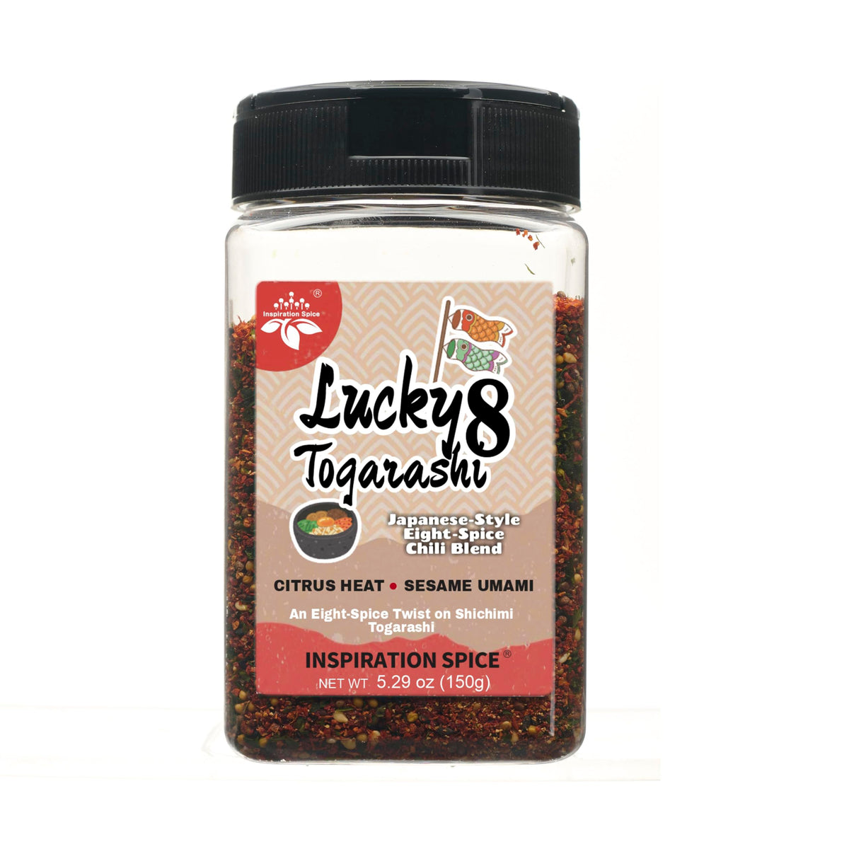 Inspiration Spice Lucky 8 Togarashi bottle enhances ramen with citrus-tinged heat.