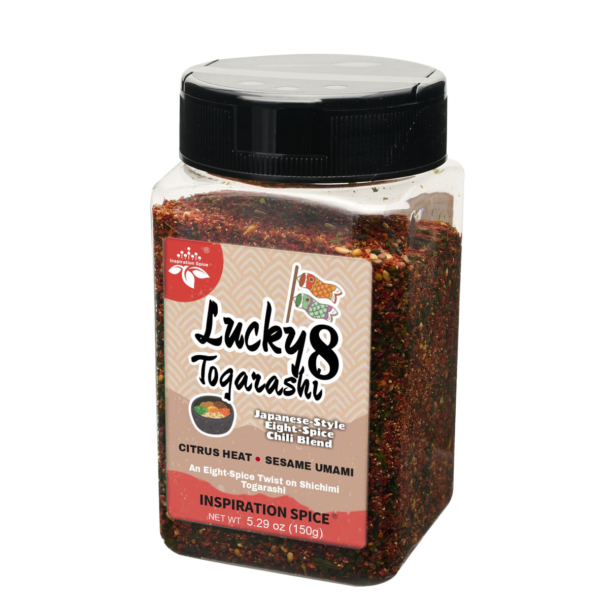 Close-up of the Lucky 8 Togarashi jar showing orange peel and sesame.
