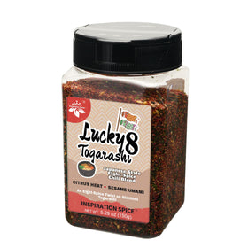 Close-up of the Lucky 8 Togarashi jar showing orange peel and sesame.