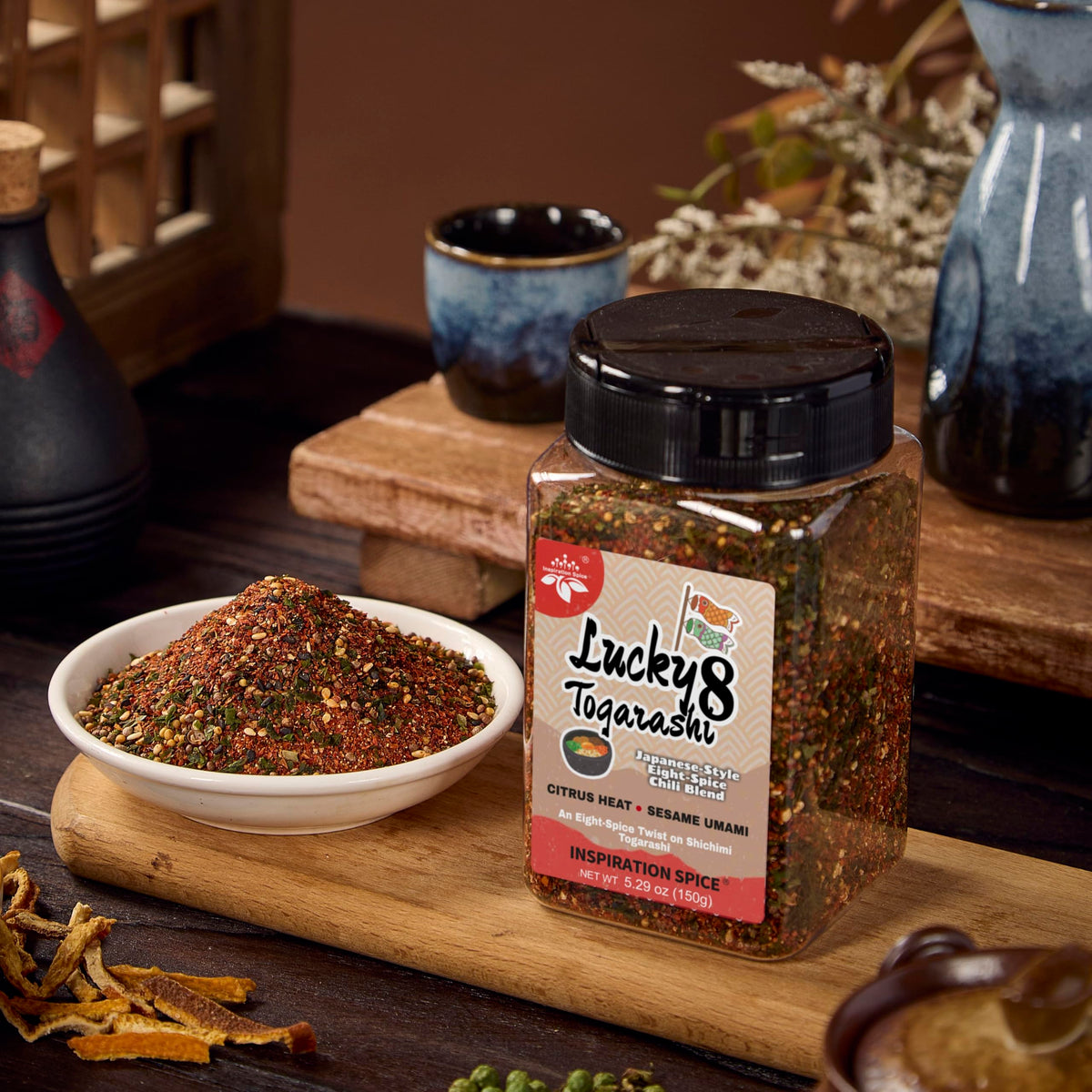 Orange peel and sesame pieces in Lucky 8 Togarashi evoke clean, layered aroma.