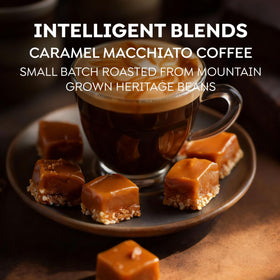 Close-up of Intelligent Blends Caramel Macchiato pods showing caramel notes