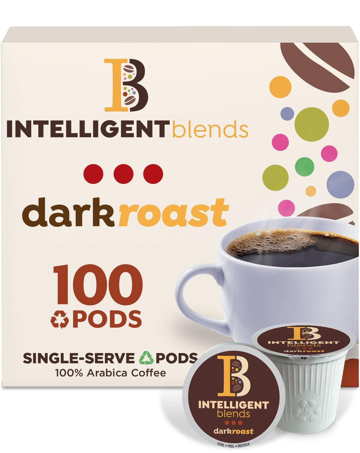 Intelligent Blends Dark Roast Coffee Pods, cup-angle view, bold aroma for energized mornings.