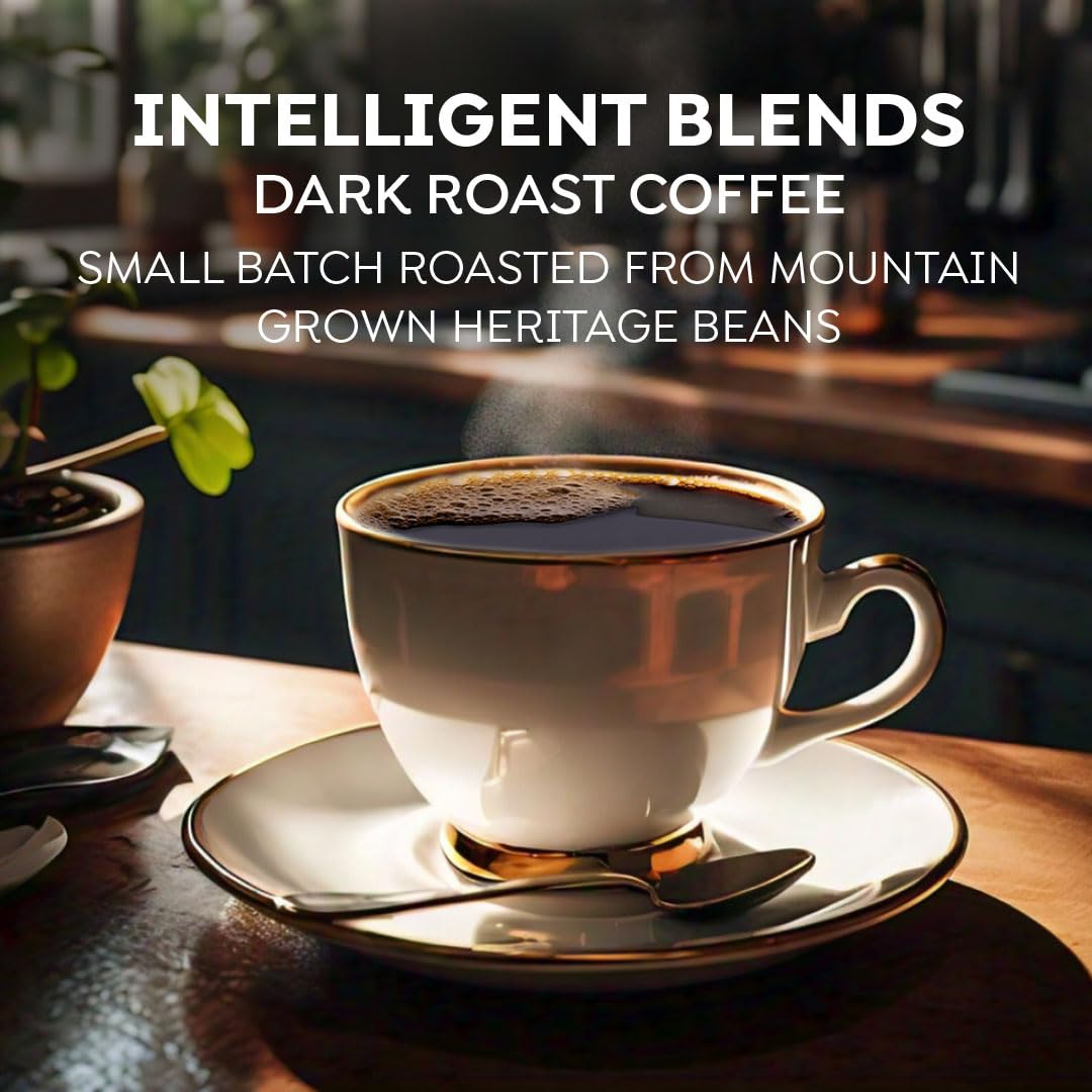 Intelligent Blends Dark Roast Coffee Pods, pack shot of bag, rich flavor for daily routines.