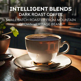 Intelligent Blends Dark Roast Coffee Pods, pack shot of bag, rich flavor for daily routines.