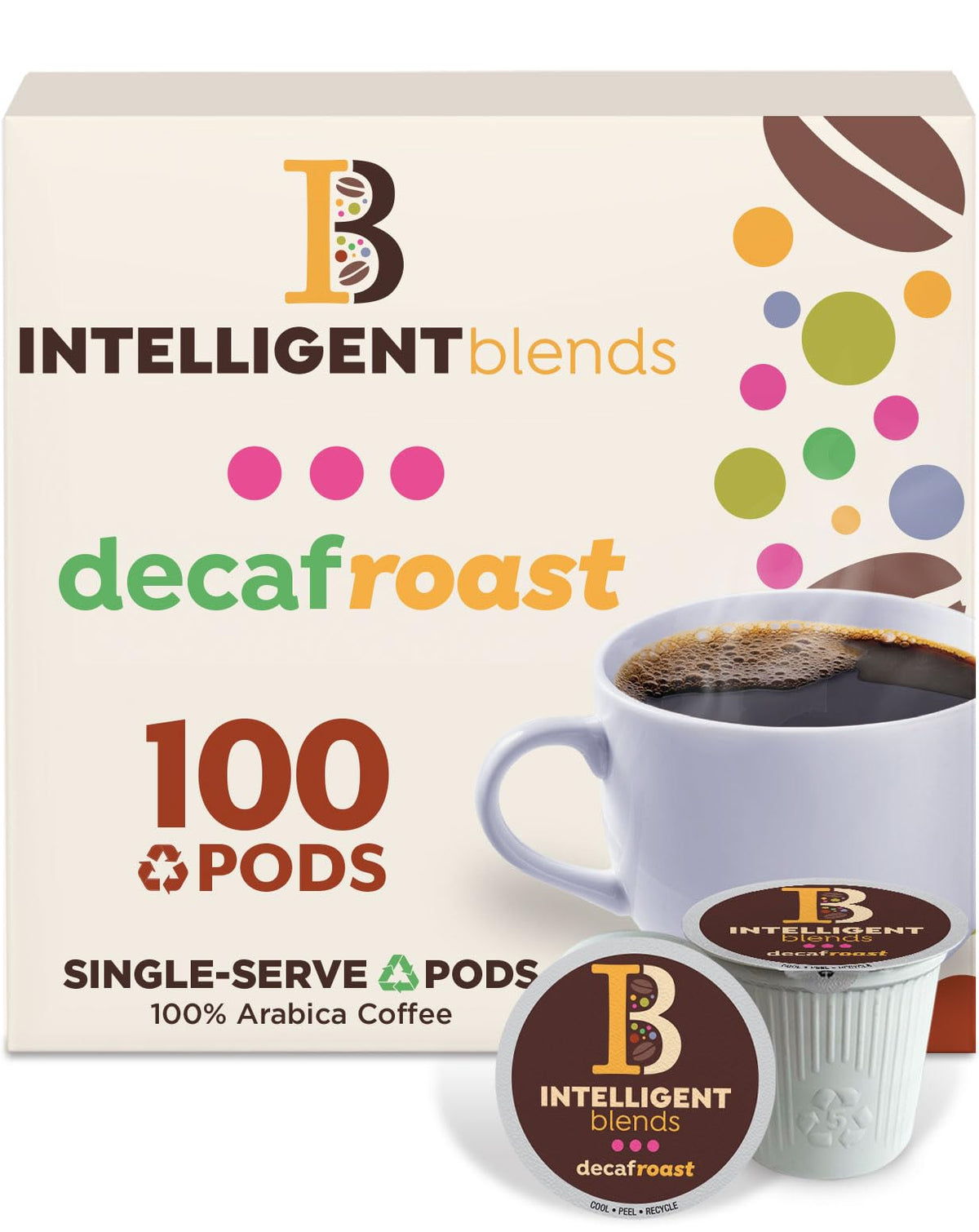 Intelligent Blends decaf dark roast pods in a box for quick, flavorful mornings.