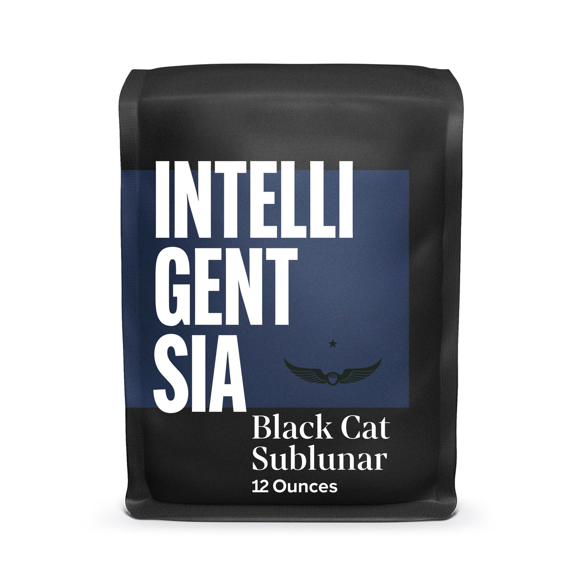 Intelligentsia Black Cat Sublunar espresso bag, rich dark roast ready for grinding and brewing.