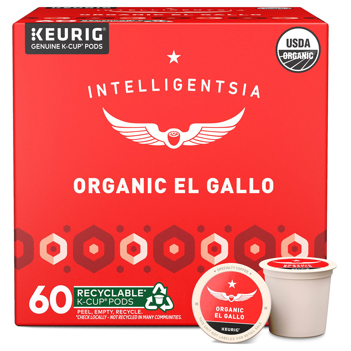 Intelligentsia El Gallo K-Cup pods in a six-box display, ready for Keurig.