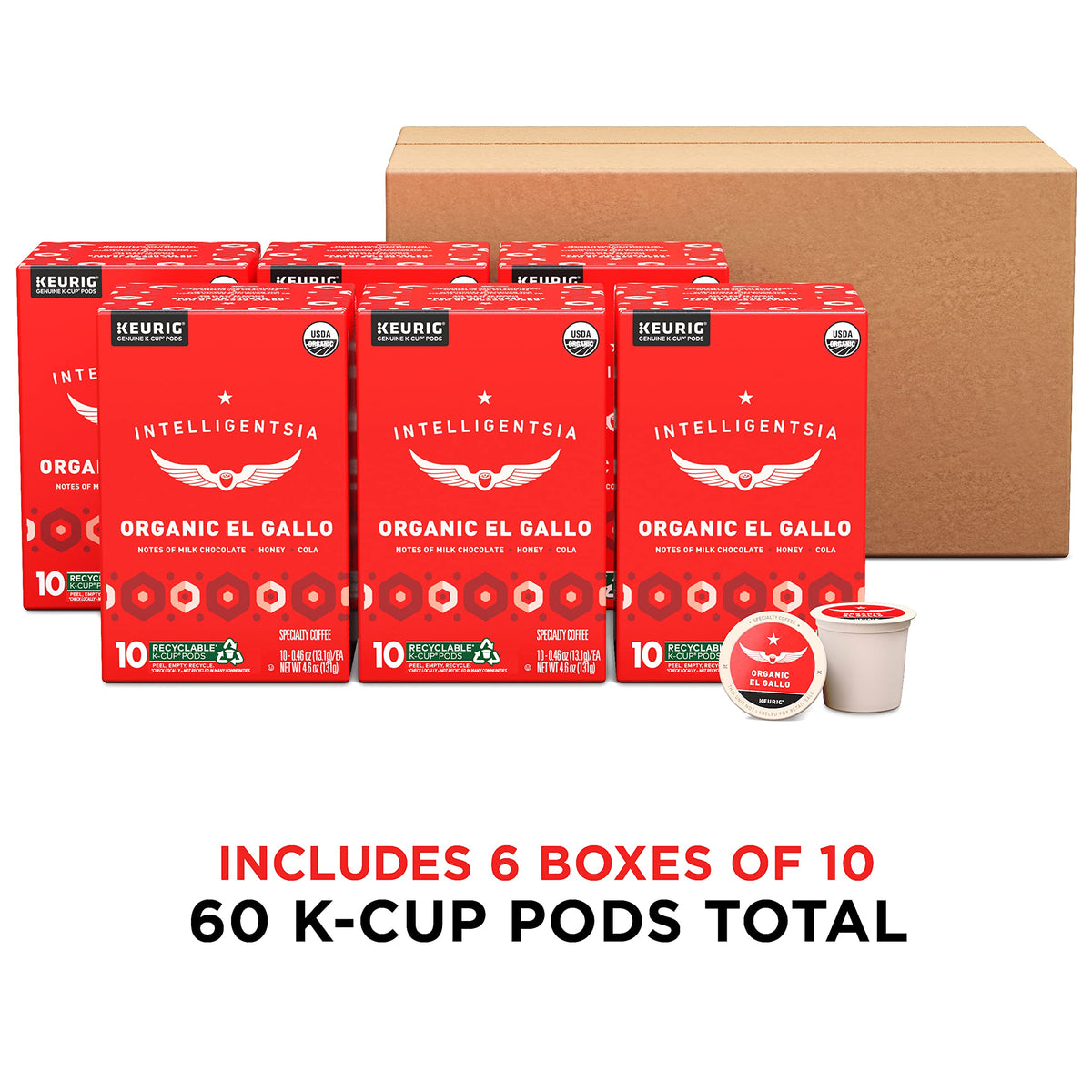 Six-box stack of Intelligentsia El Gallo K-Cup pods for convenient brewing.