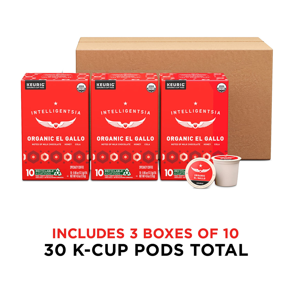 Intelligentsia El Gallo K-Cup pods close-up shows premium Arabica flavor.