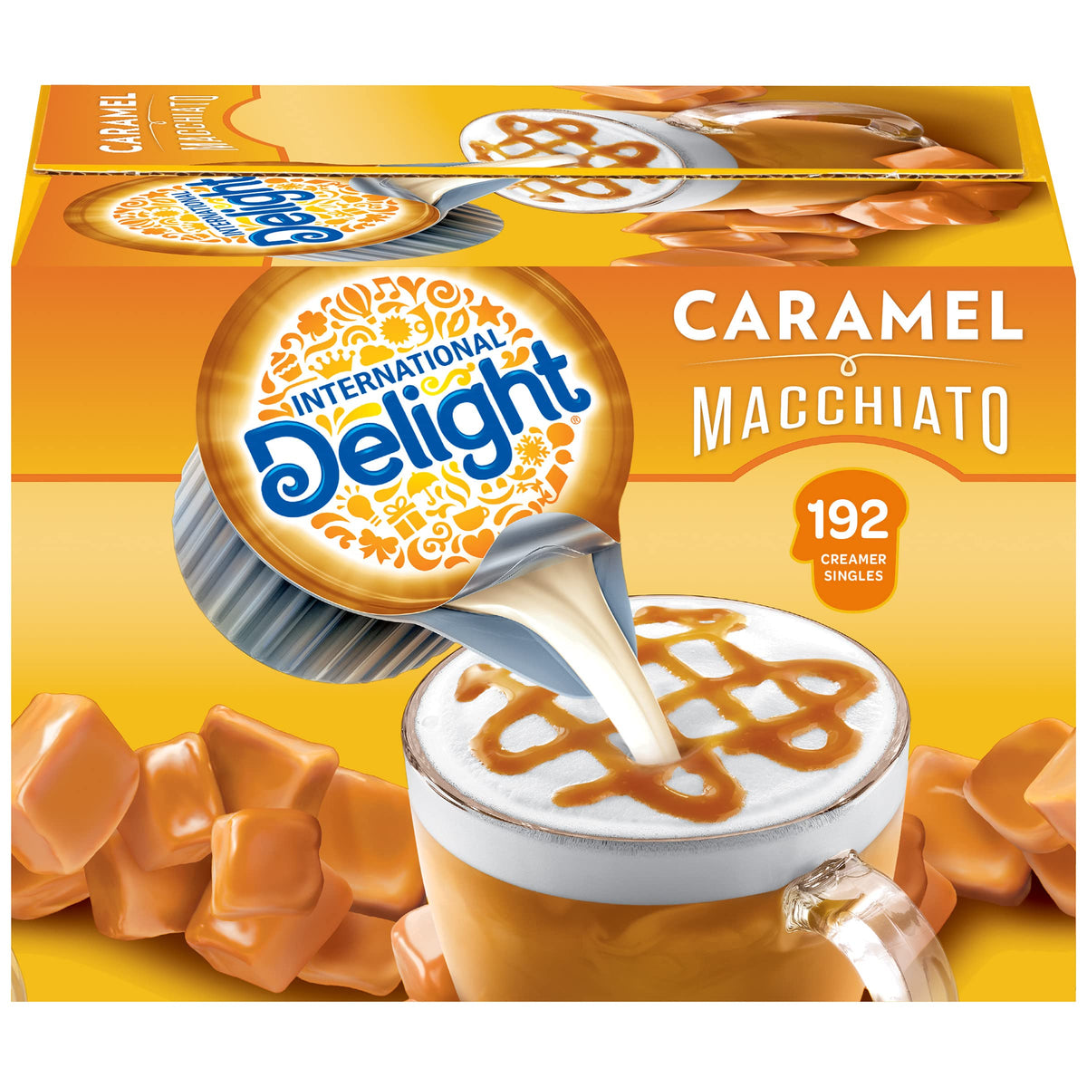 International Delight caramel macchiato creamer singles for on-the-go flavor with no refrigeration needed.