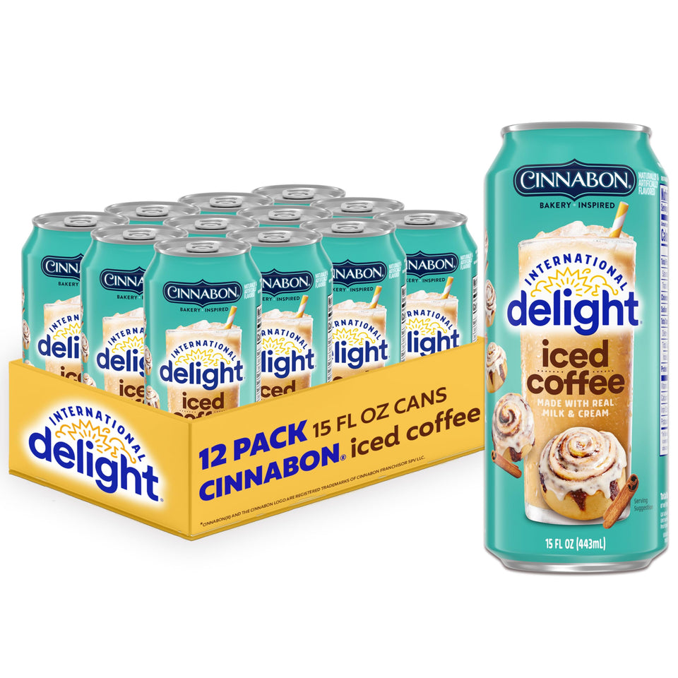 International Delight Cinnabon Iced Coffee can front view for grab-and-go refreshment.