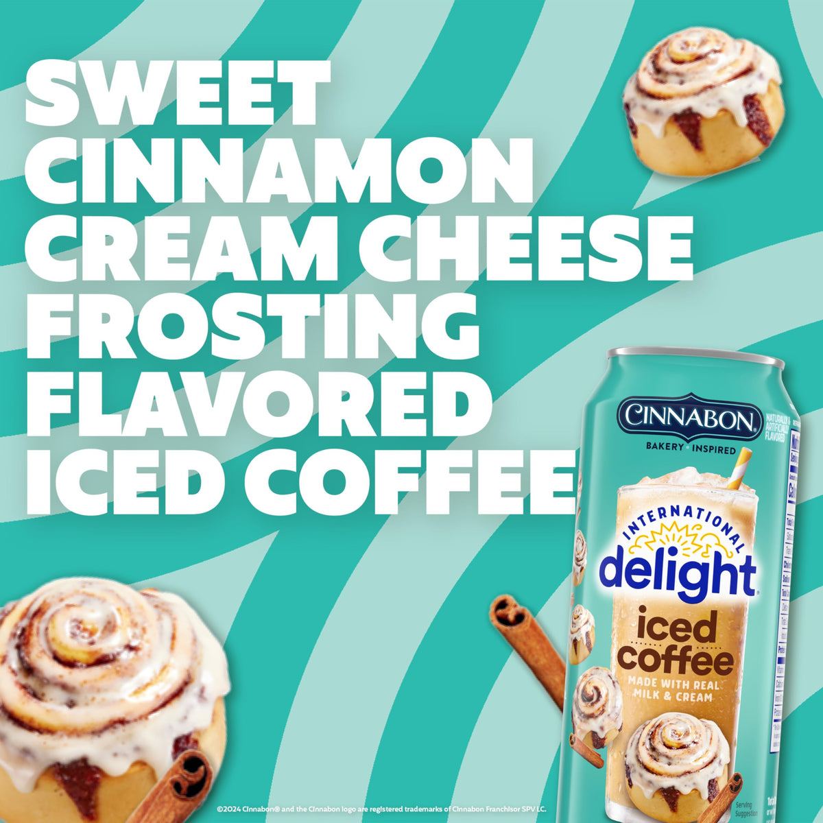 Close-up of the International Delight Cinnabon Iced Coffee label highlighting creamy milk flavor.