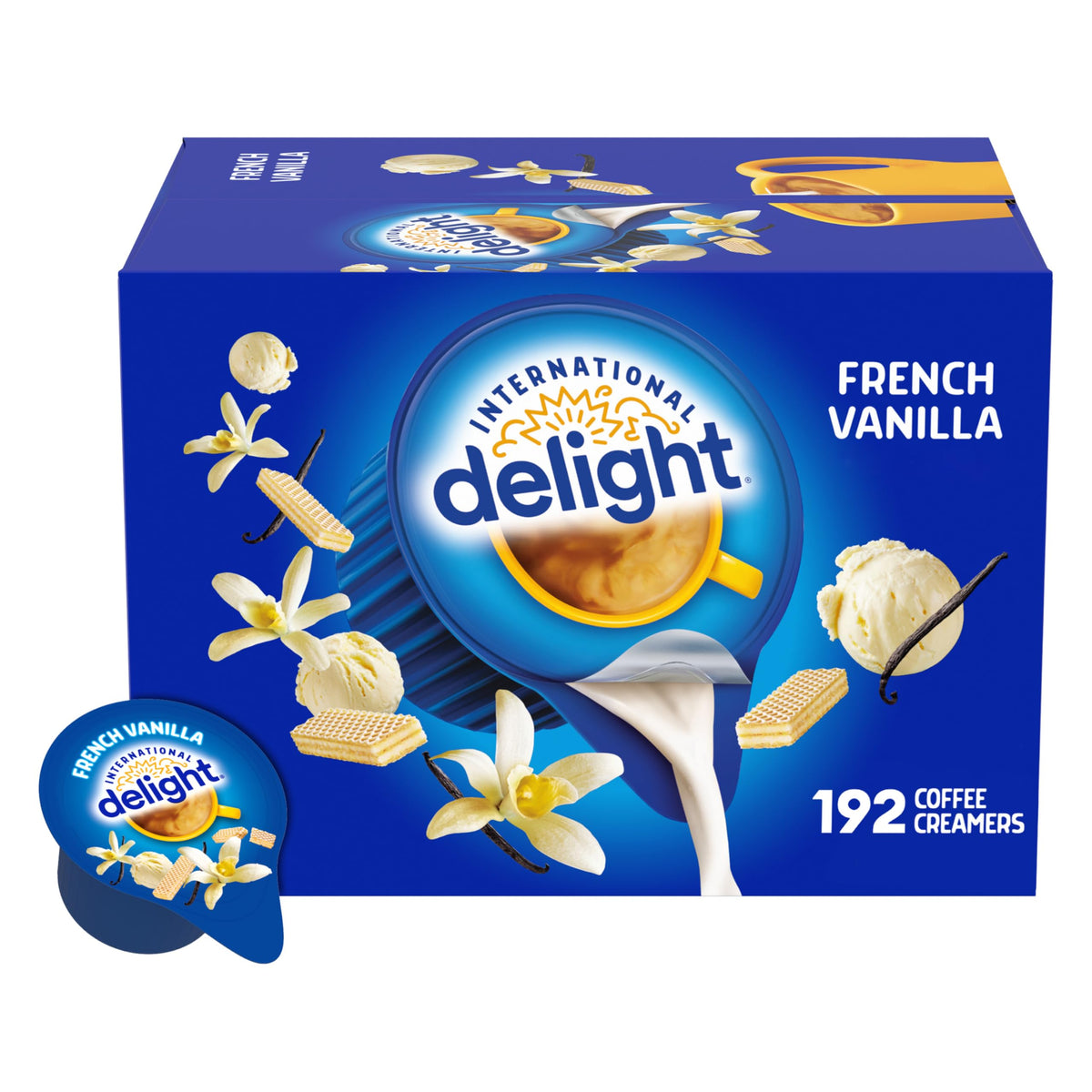 International Delight French Vanilla single-serve creamer packets for quick, creamy coffee.