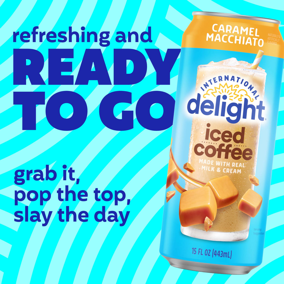 Close-up of International Delight Caramel Macchiato 15-oz can.
