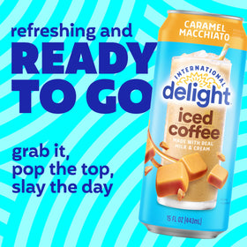Close-up of International Delight Caramel Macchiato 15-oz can.