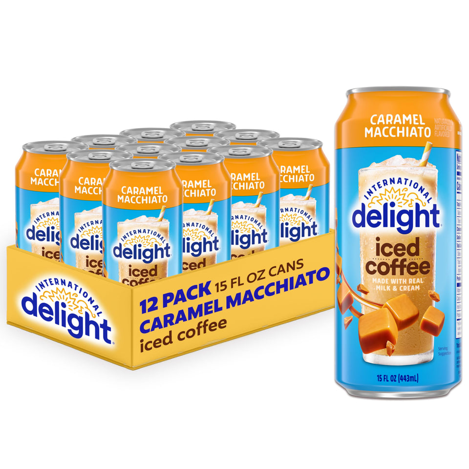 International Delight Caramel Macchiato iced coffee pack shot, twelve cans ready for the fridge.