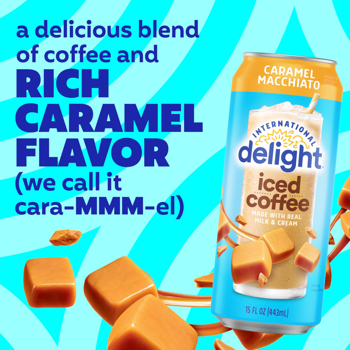 International Delight Caramel Macchiato iced coffee poured into a glass, showcasing caramel creaminess.