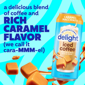 International Delight Caramel Macchiato iced coffee poured into a glass, showcasing caramel creaminess.