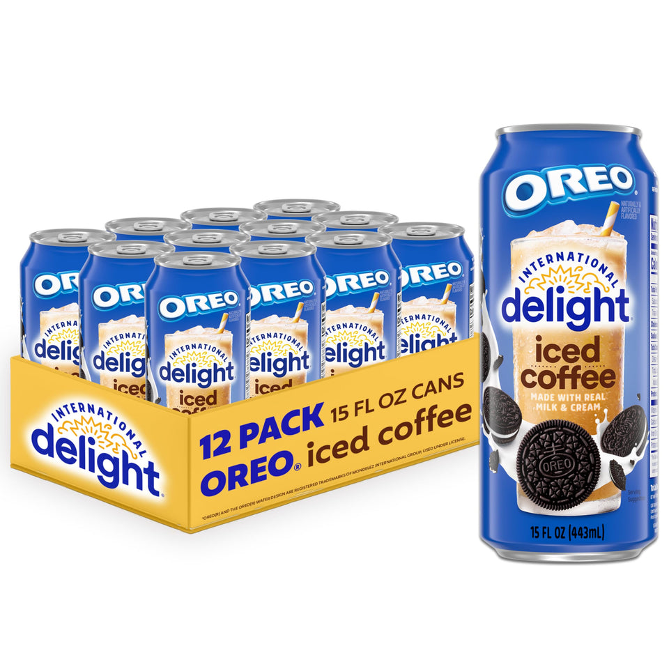 International Delight Oreo Cookie iced coffee can close-up showing creamy texture and flavor.
