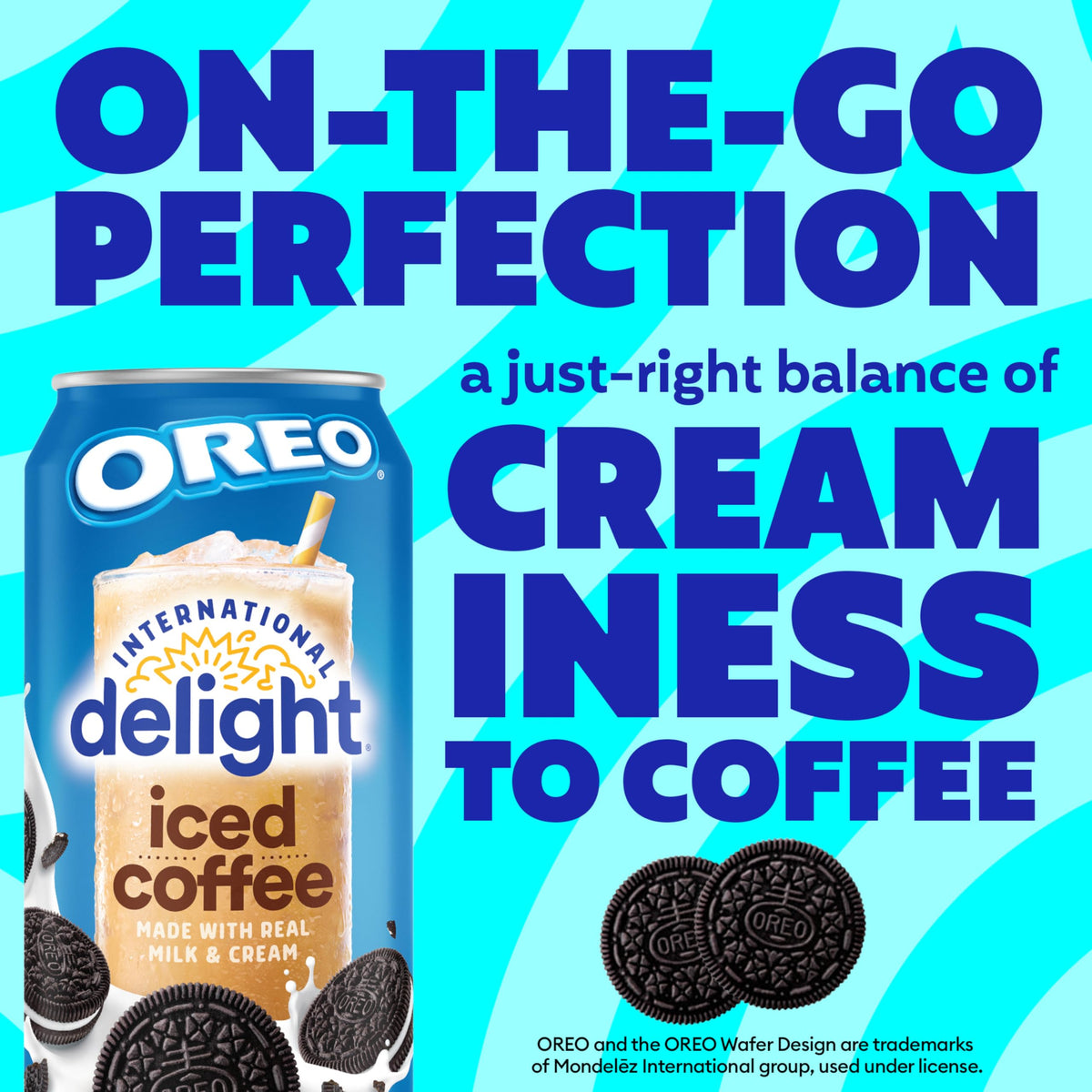 International Delight Oreo Cookie iced coffee with Oreo crumbs beside can.