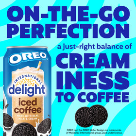 International Delight Oreo Cookie iced coffee with Oreo crumbs beside can.